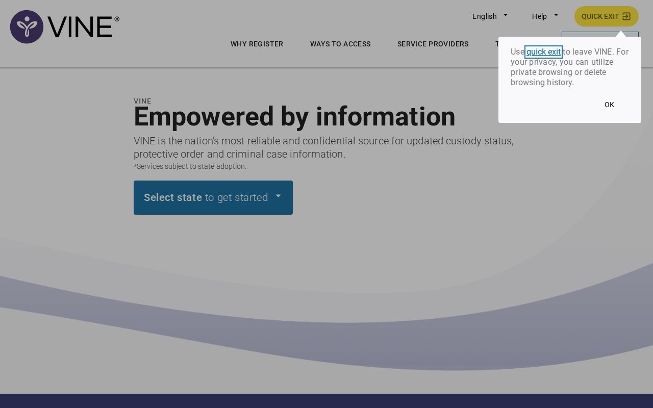 VINELink search and register screen for Ford County custody alerts